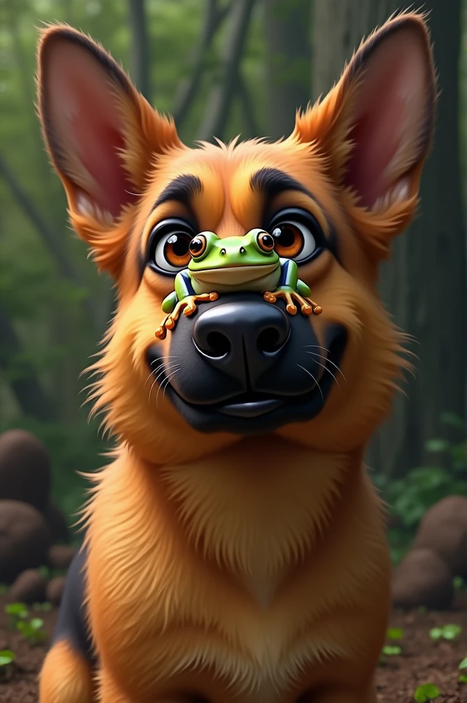 German shepherd with a tiny frog on his nose realism