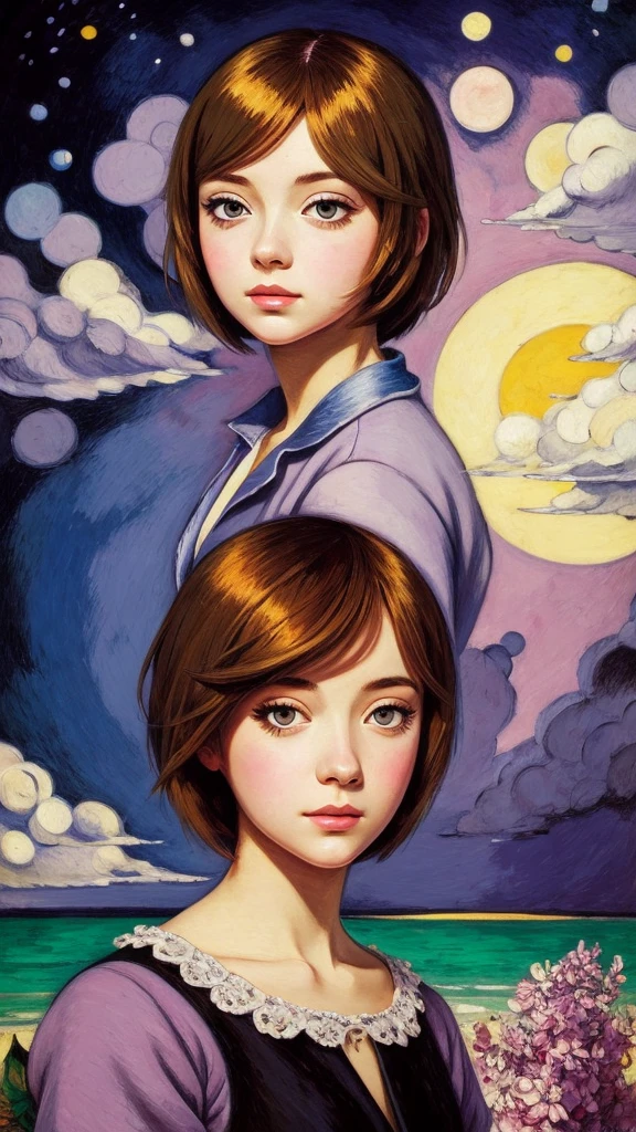 [[(front full portrait:1girl (solo) with big eyes and a short hair bob), ((Ilya-Kuvshinov style)),comic art [dress ((Marc Chagall style))]):20]/[background:landscape
 Renaissance+Baroque, old canva, (liliac sunset), ((style Antoine Watteau))]/[very colorful,((oil painting palette knife))((masterpiece))]]