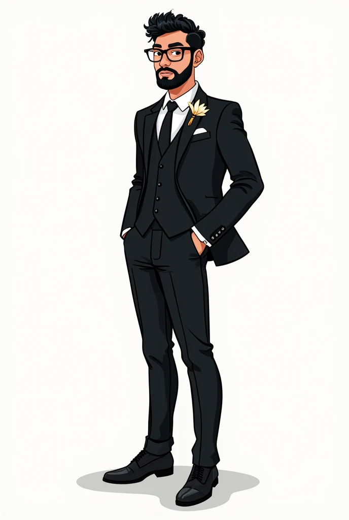 Make a full-length black suit groom, beard and glasses, black curly hair in kauai cartoon, com o fundo branco