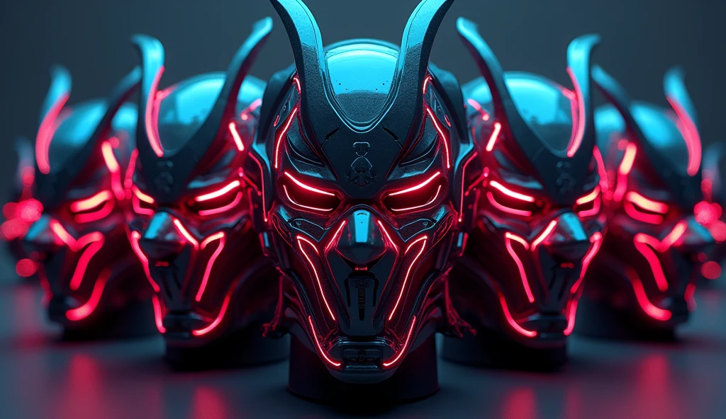 Create an image of a group of Samurai mask with a sleek, futuristic design, featuring glowing neon lines and highlights, giving it a cool and modern gamer aesthetic