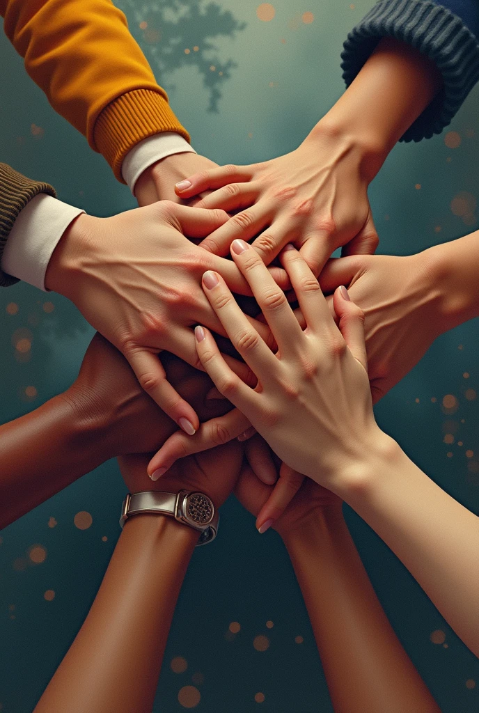 Close-up of several hands together working as a team with distorted background in horizontal format