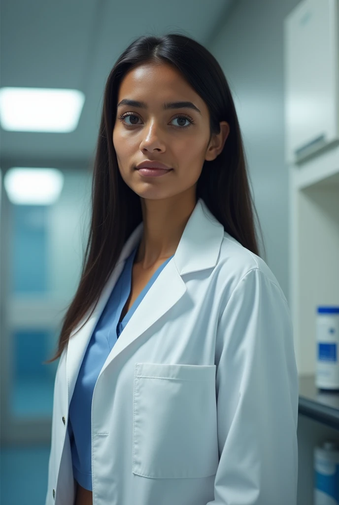 A Brazilian woman from the city of Cuiabá who is studying medicine in her fifth year of college, Her appearance is that of a 2 woman with straight hair and a mixed-race Indian appearance., thin nose and brown skin, wearing his medical lab coat 