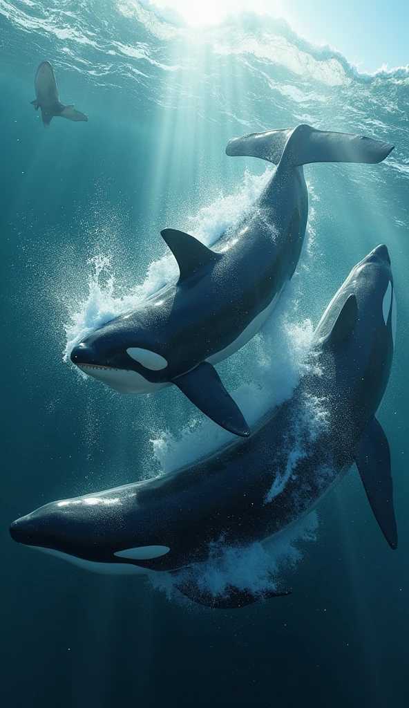 Several killer whales, attacking a white shark, at sea, photorealism, cinematographic.