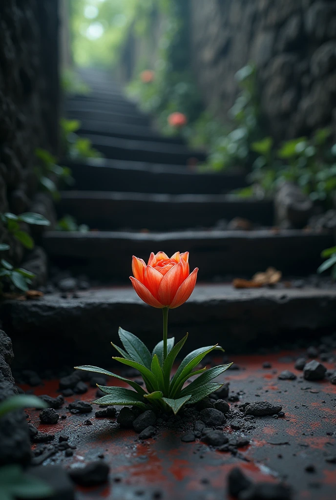 A cute and little flower arise and blooming from a shaddy, old, destroyed, broken faded red colour stair, black theme outside of the flower