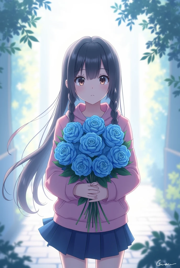 A girl with two braids wearing a student uniform with no buttons on the collar and a pink hoodie holding a bouquet of blue roses, facing forward, with light coming from above.