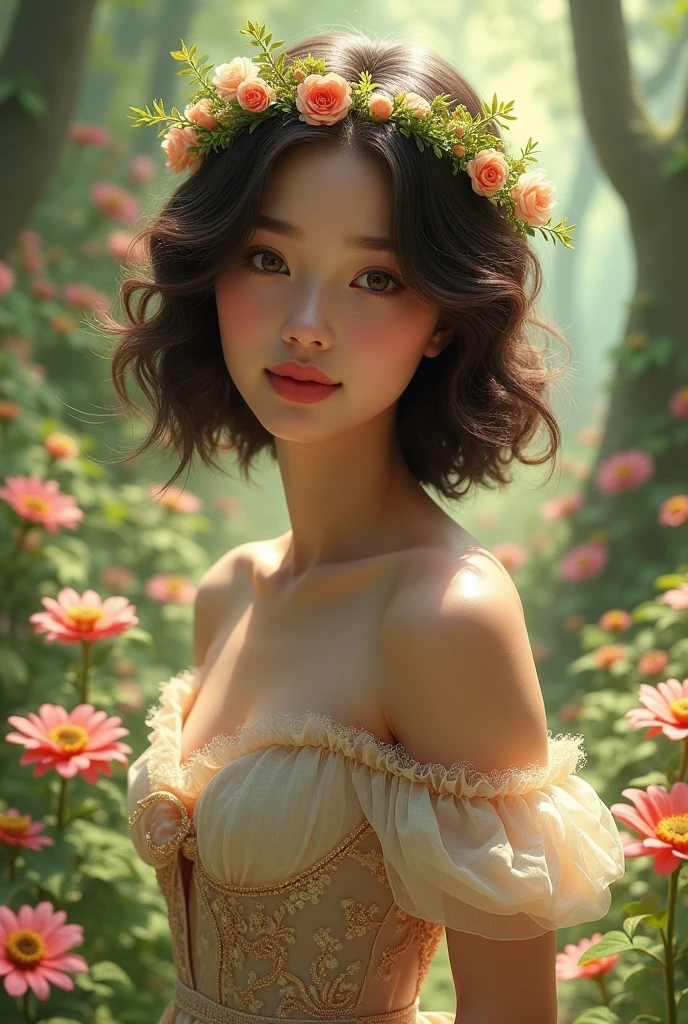 (Photorealism:1.2), beautiful girl, . She is short, Shoulder-length curled hair and a flower crown. Both cheeks are covered with hair. She is wearing a beautiful dress that is super detailed and intricate.,Background is flowers and trees in the forest々It is very clear and beautiful,