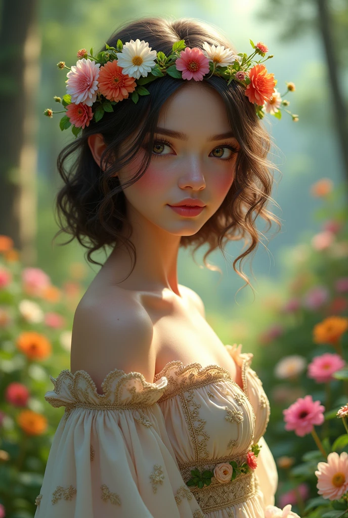(Photorealism:1.2), beautiful girl, . She is short, Shoulder-length curled hair and a flower crown. Both cheeks are covered with hair. She is wearing a beautiful dress that is super detailed and intricate.,Background is flowers and trees in the forest々It is very clear and beautiful,