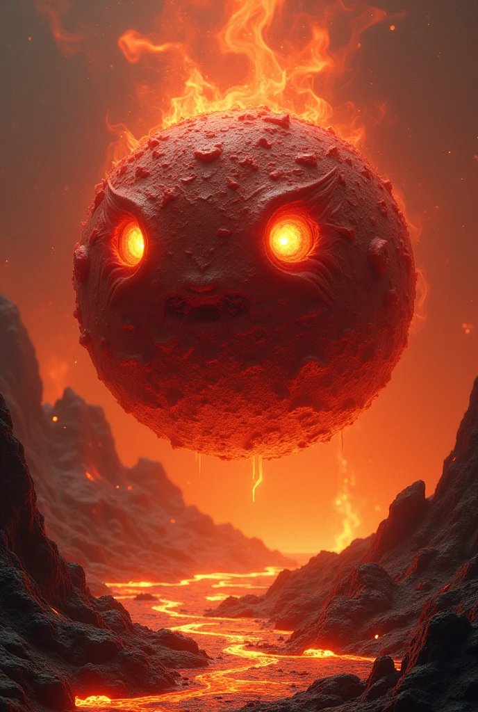 A round red slime ball made out of lava, covered in magma stones like heatblast, bright yellow eyes, lava background