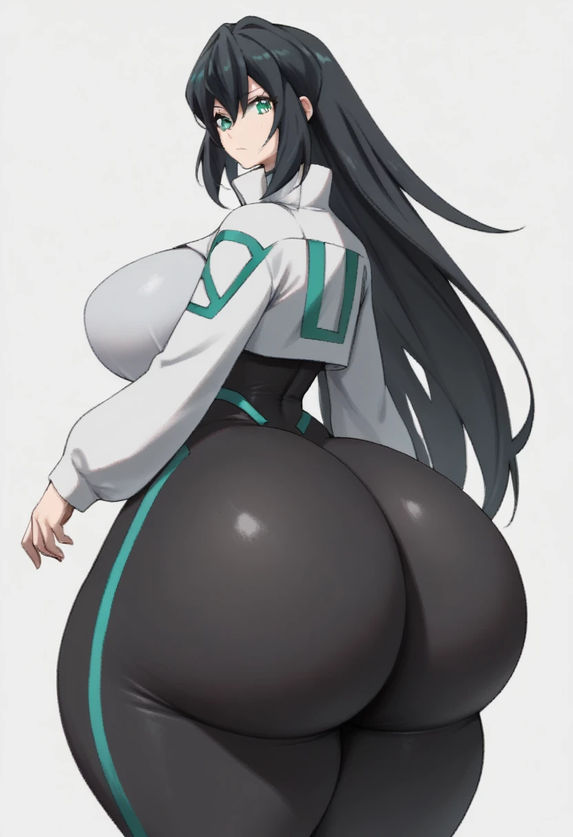 Highest quality, masterpiece, High Resolution, 1 girl, May, Ass, hyper Ass, huge Ass, big ass, wide hip, gbd_may, 1girl, aqua eyes, long hair, black hair, very long hair, bangs, large breasts, green eyes, shrug (clothing), white breast black bodysuit, gigantic ass,