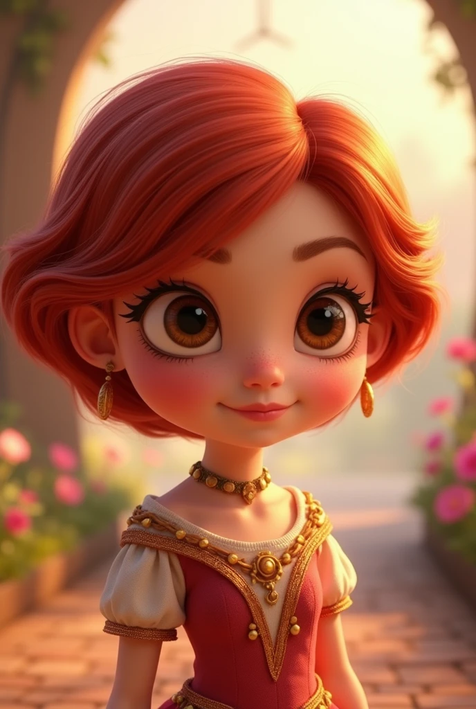 A girl with short red hair and brown eyes, a Pixar princess version, who is sweet and rude at the same time
