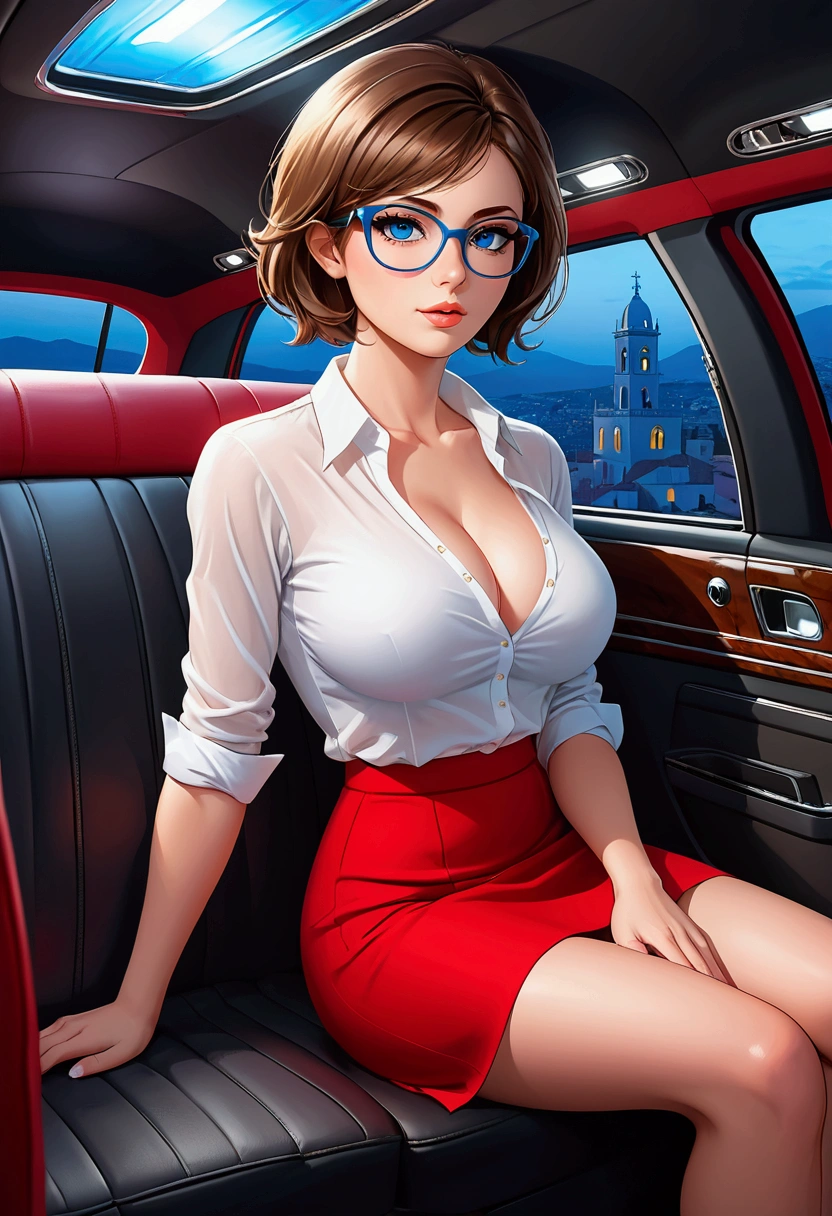 20 years old woman, Short brown hair, Mediterranean with blue eyes, Generous and heavy breasts, slender waist, definition of l&#39;estomac, fesses rebondies et pulpeuses, naturally curved, muscular thighs, aguicheuse , blue eye, lunettes, sitting in a limo , red mini Skirt, white sheer blouse, at night 