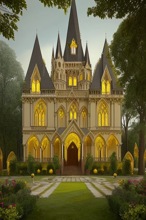 Gothic architecture、Yellow and brown atmosphere、exterior、Gothic、yellow、wood、teddy bear、building、The garden of the property is also included.、