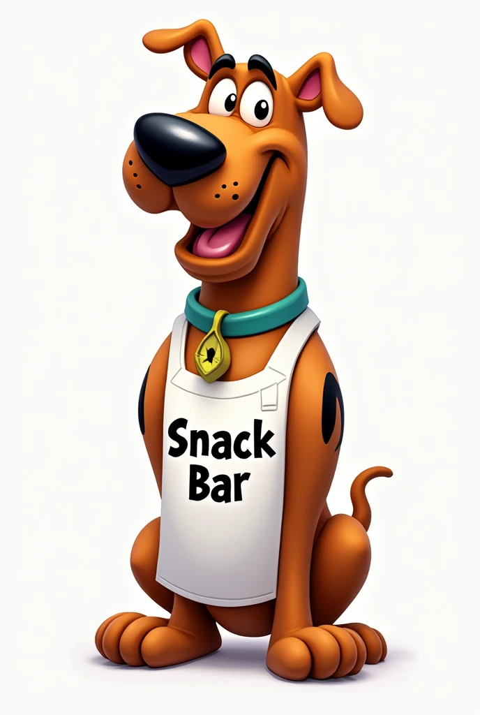 Scoob wearing an apron with the word “snack bar” written on it 