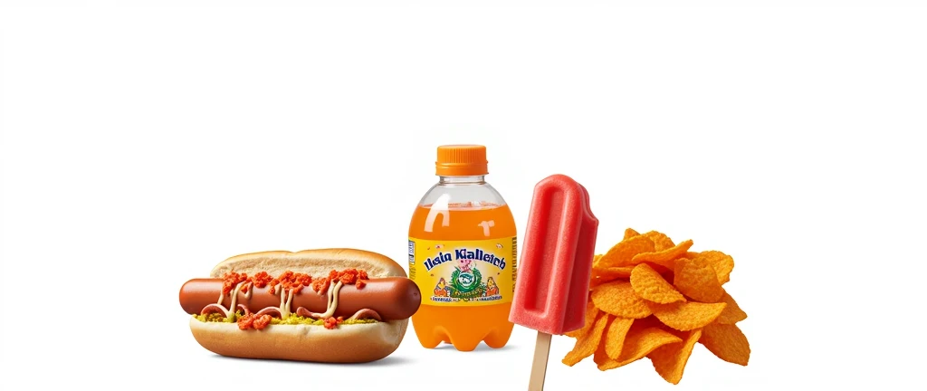 A close-up, photorealistic shot of a fair counter featuring the items from the image: a small orange soda bottle, a hot dog with toppings, a bitten red popsicle, and a stack of nacho chips. The items are arranged neatly on the counter, with the bright colors of the food and drink standing out against the background of a busy fairground.