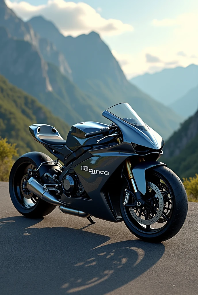 Custom Sport Bike "Audi", company logo large in the center, Commercial photo shoot, epic landscapes all around..., Highly Detailed Features, Insanely ultra realistic, insanely photo realistic, Insanely high overall quality, insanely high detail, insanely high overall resolution, Insanely high overall sharpness, Insanely high overall quality текстур,