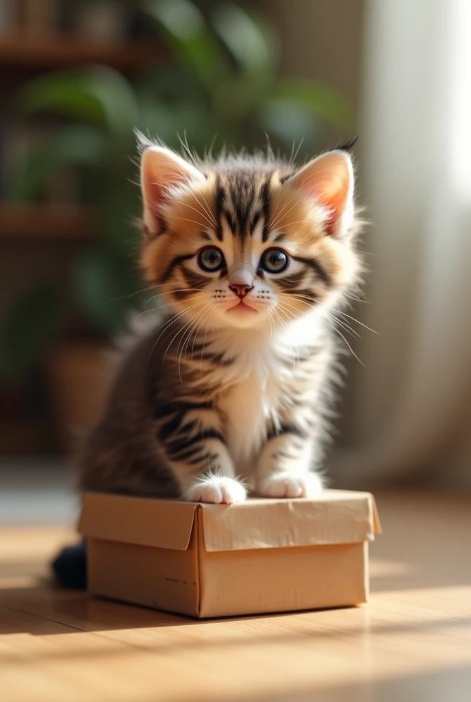 kitten cat, Brazilian trigrade. sitting on a little box. 