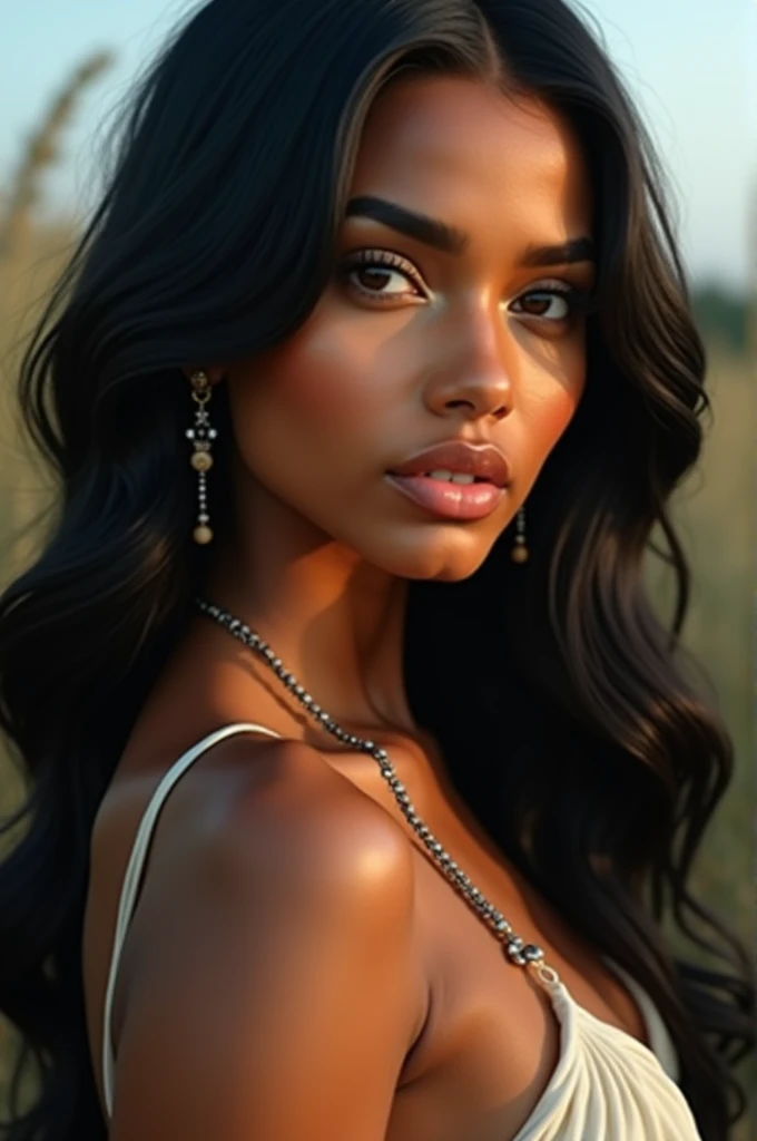 "A super perfect, beautiful woman, resembling a gorgeous Indian woman with long, shiny black hair, very perfect eyes, and a model-like body."