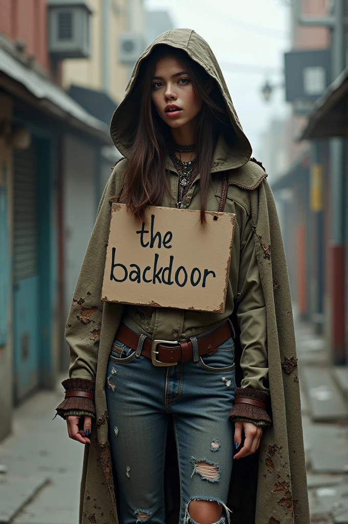 drunk girl clothes are a medieval mix, grunge and modern, Urbana, but with a hood with a sign that has the word, THE BACKDOOR 