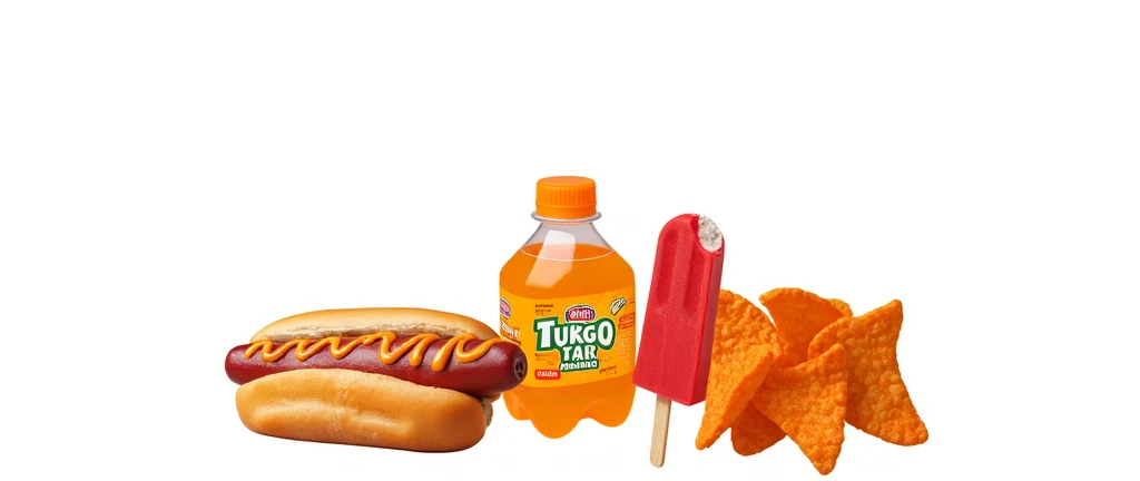 A photorealistic shot of a fair stand's counter with the items from the image—small orange soda bottle, hot dog with mustard and ketchup, bitten red popsicle, and nacho chips—displayed prominently. The scene captures the detail and texture of each item, with a lively fair atmosphere visible around the stand.