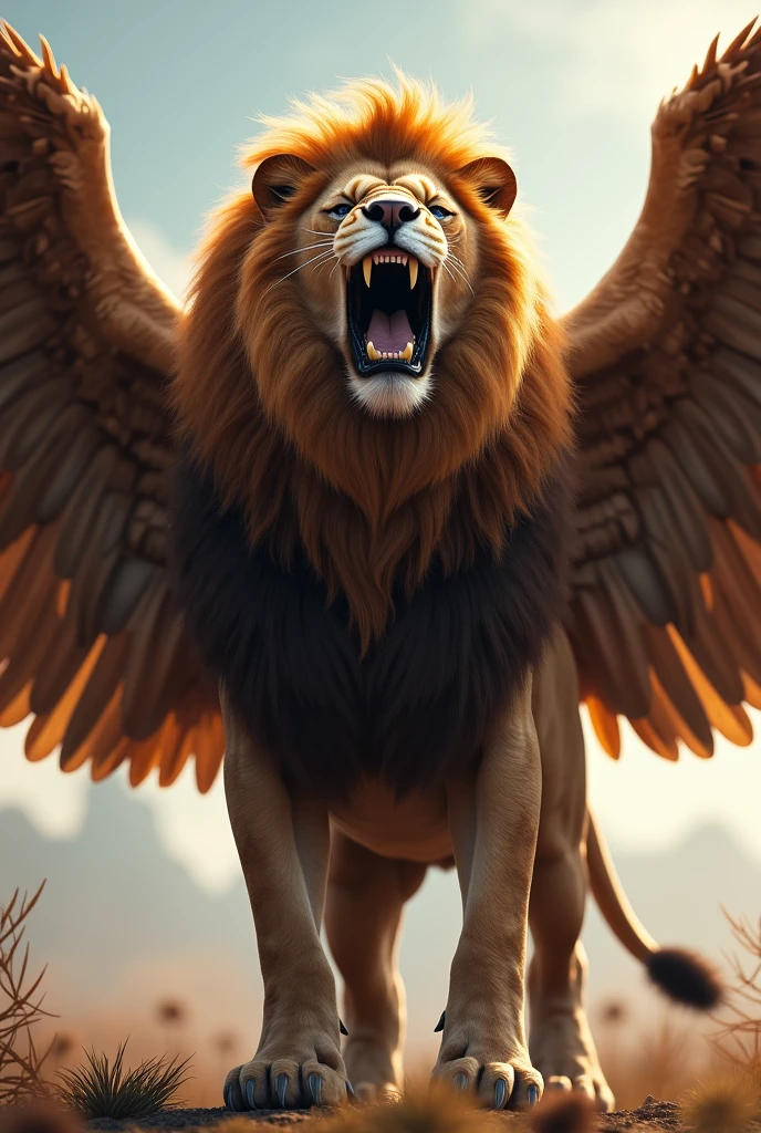 Lion has a wings like an eagle very strong roaring with intensive body looking like a natural clearly detailed full hd 8k quality 