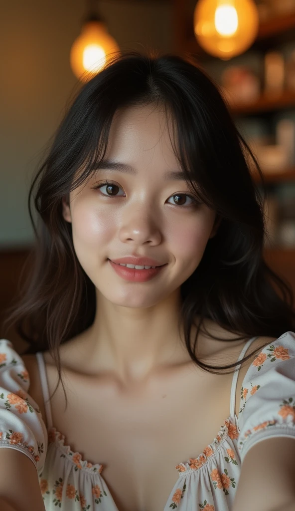 Photo of a Thai Student, that has a very natural face, thin lips, thin eyes, thin eyebrows, thin nose, long eyelashes. She makes a cute selfie in a cafe. Sexy post.
