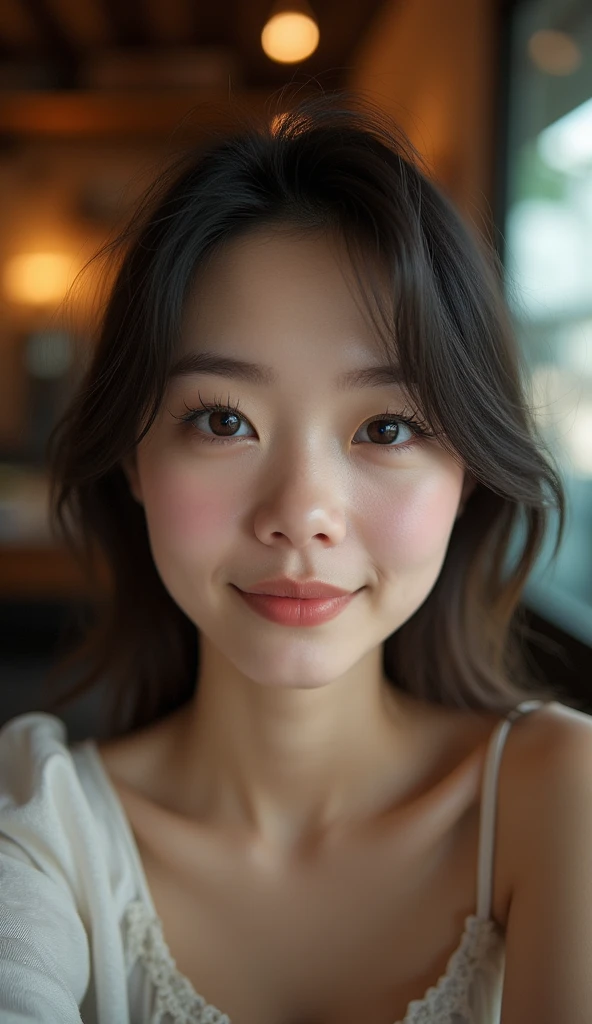 Photo of a Thai Student, that has a very natural face, thin lips, thin eyes, thin eyebrows, thin nose, long eyelashes. She makes a cute selfie in a cafe. Sexy post.