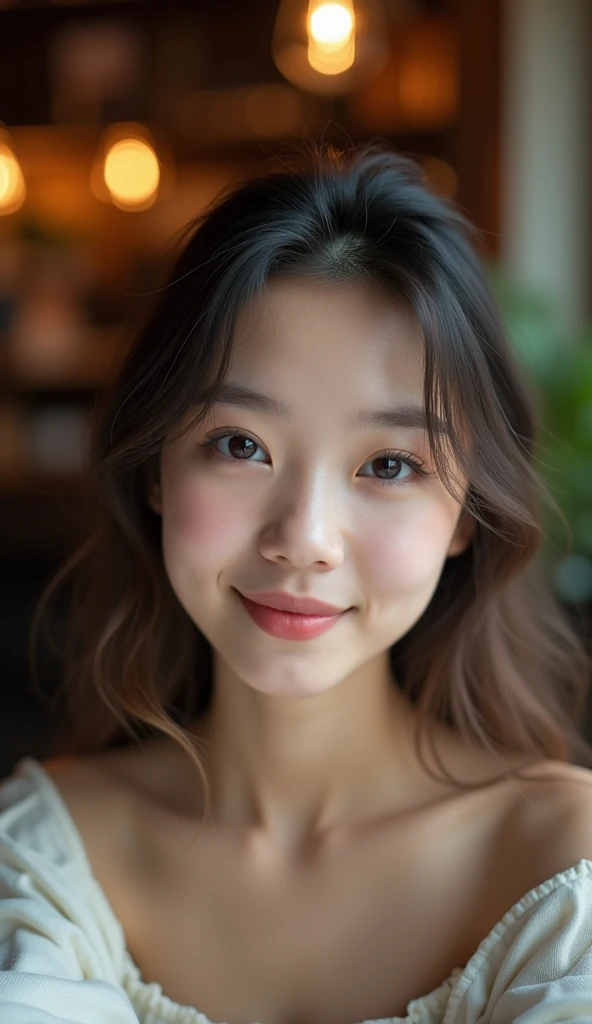 Photo of a Thai Student, that has a very natural face, thin lips, thin eyes, thin eyebrows, thin nose, long eyelashes. She makes a cute selfie in a cafe. Sexy post.