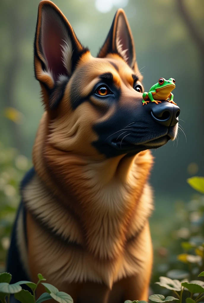 German shepherd with broken right ear with a tiny frog on his nose realism