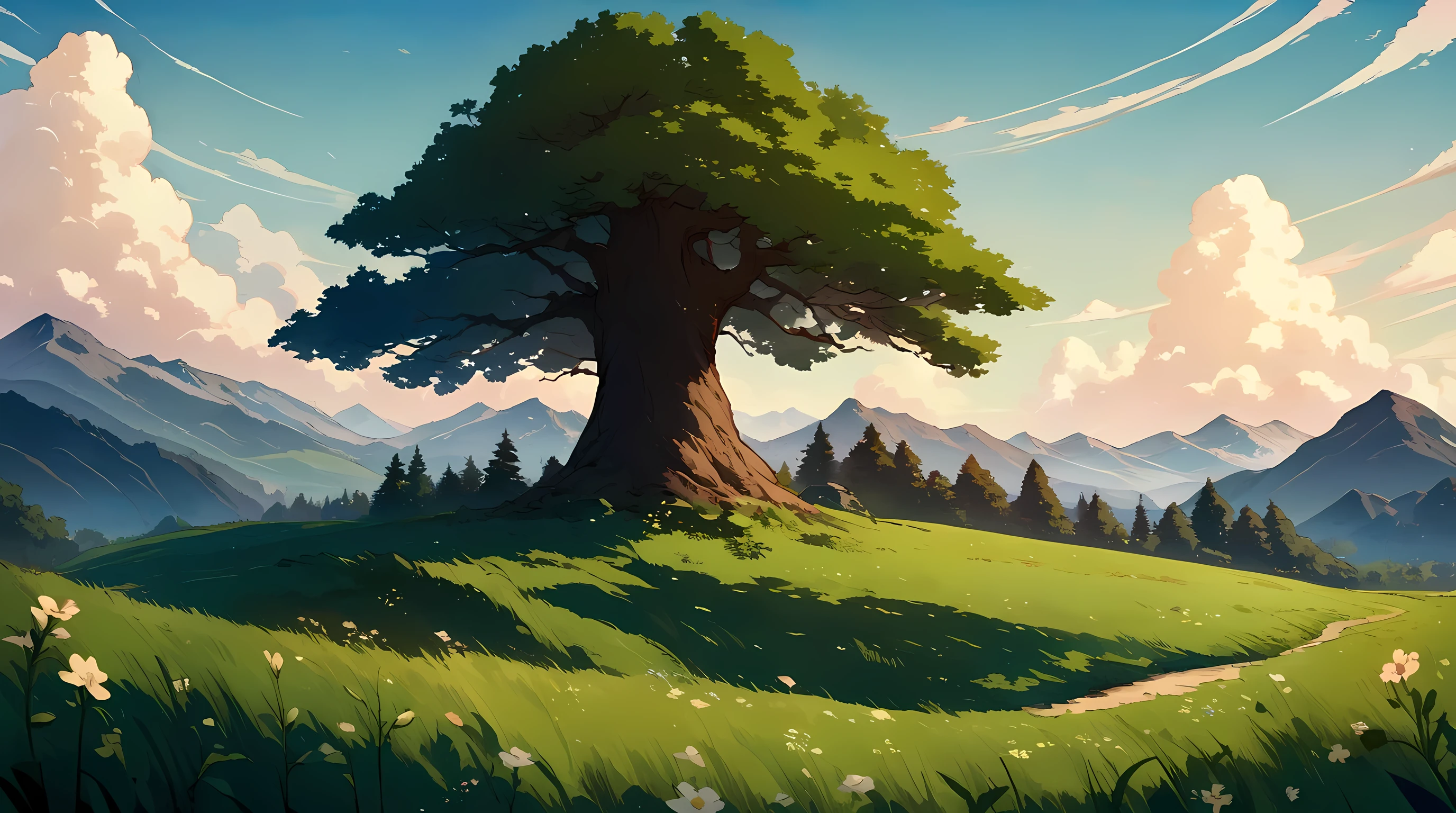 studio ghibli anime wallpaper. beautiful clear sunny sky, {no clouds}, over a gently sloping meadow. mountains on the horizon. a single, majestic blossoming tree in the middle ground