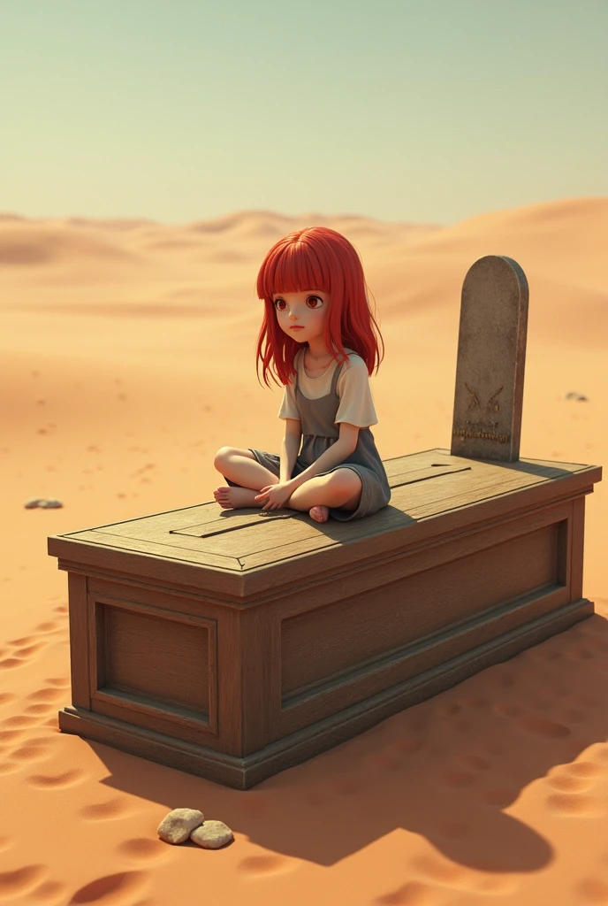 red-haired girl sits on a closed coffin in the middle of the desert, around the tombstone