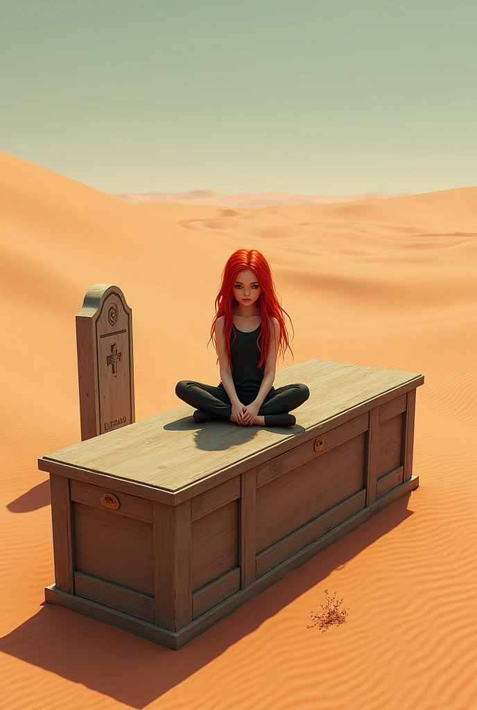 red-haired girl sits on a closed coffin in the middle of the desert, around the tombstone