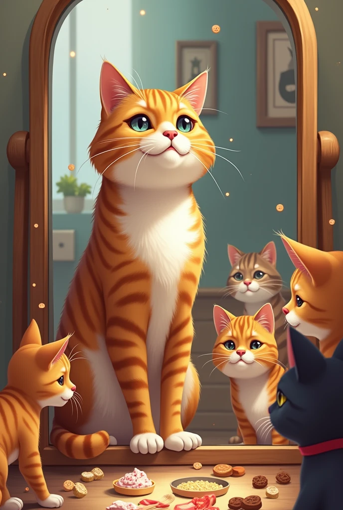 The main character, a cat, stands in front of a mirror.、With a proud smile。My cat friends are gathered around me、We play and enjoy meals together。Food and toys are depicted in the background.、There is a happy atmosphere in the air。

