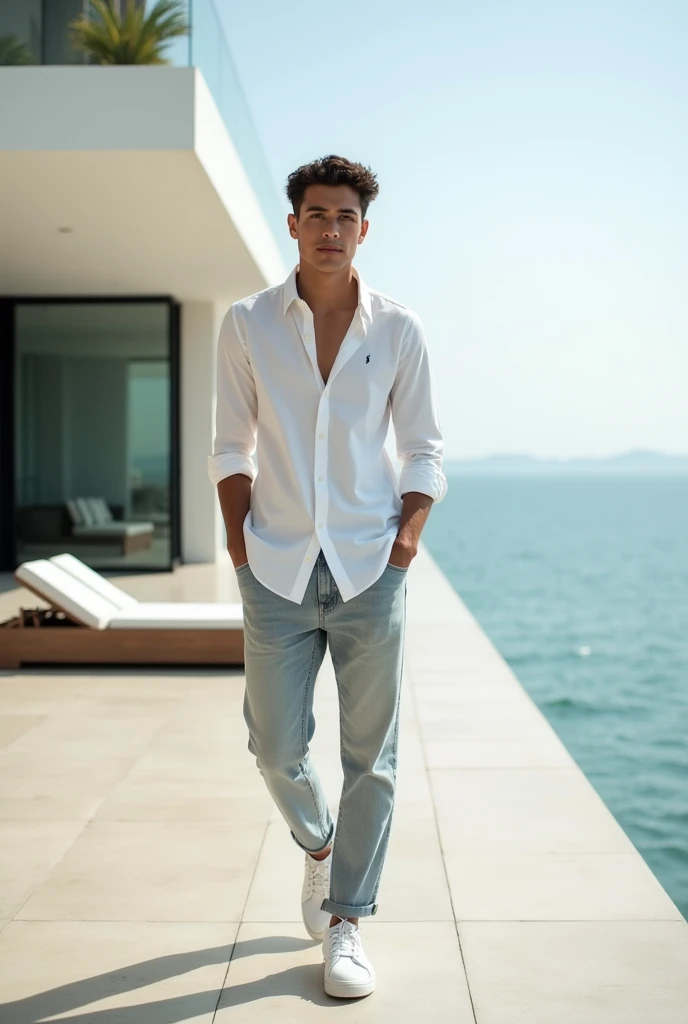indonesian young man, male model, modern building, white sneakers, casual outfit, jeans, white ralph lauren shirt, posing for picture, photoshoot, natural, white skinned men, looking rich, big hotel terrace, view on sea