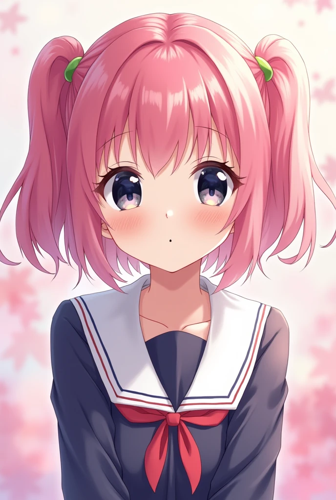Anime girl with pink short twins tail and black eyes color