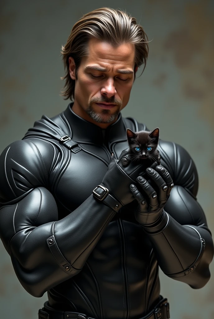 a very cool and muscular uperhero similar to young Brad Pitt in his 2 holds in his hands a very small black kitten with blue eyes