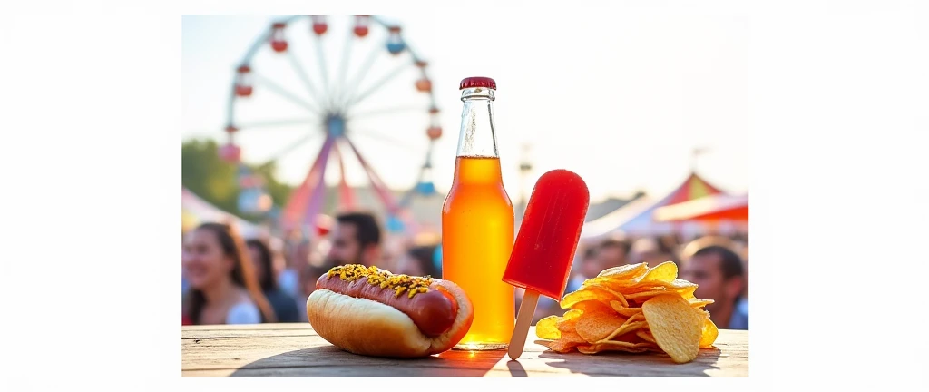 A dynamic photo of a fair counter table displaying a small bottle of orange soda, a hot dog, a bitten red popsicle, and a stack of nacho chips. The items are placed in the same arrangement as the image, with the vibrant fair setting and joyful crowd in the background enhancing the festive mood.