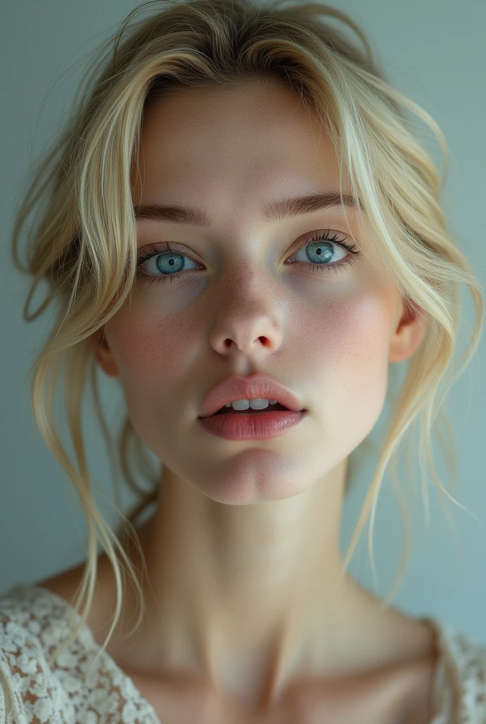 Open mouth woman with white blonde blue eyes thin