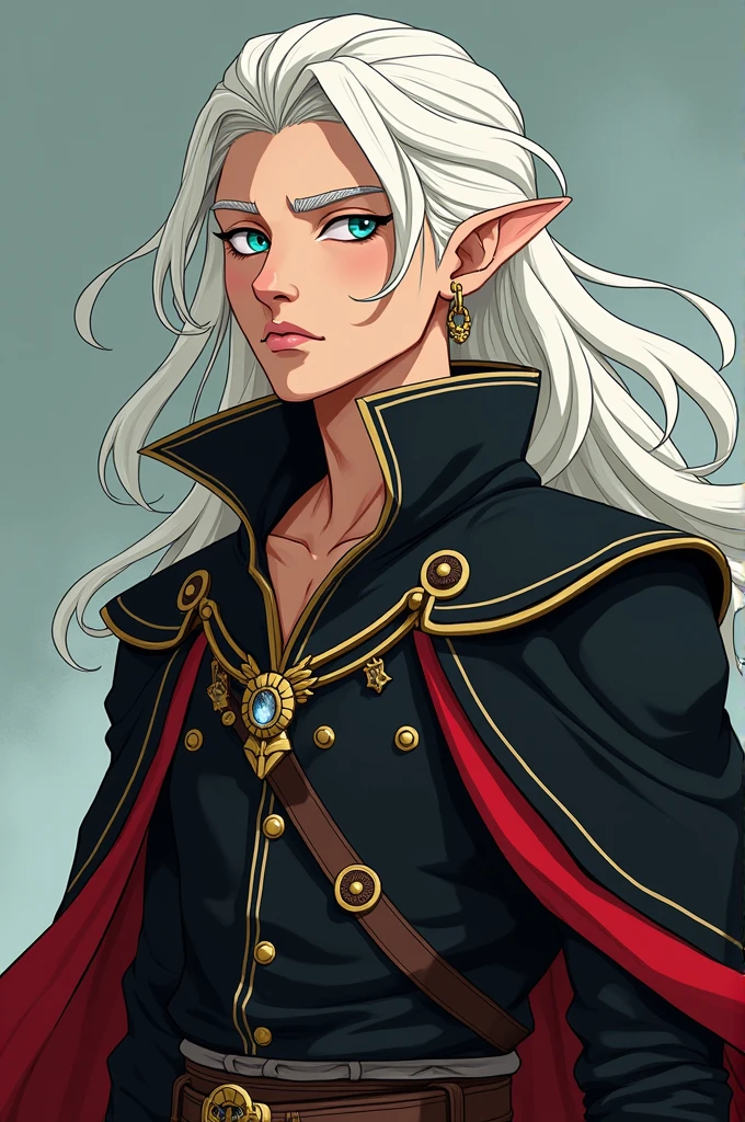 Create a male elven rogue from Dungeons & Dragons with pale skin and long wavy white hair. He is clean-shaven and has a youthful face similar to Griffith from Berserk. He is dressed in black clothing with gold and red details. The character should be depicted in a modern Western animated style similar to Vox Machina from Critical Role, with bold lines, flat vibrant colors, minimal shading, and expressive character design, focusing on a distinct Western comic-like aesthetic