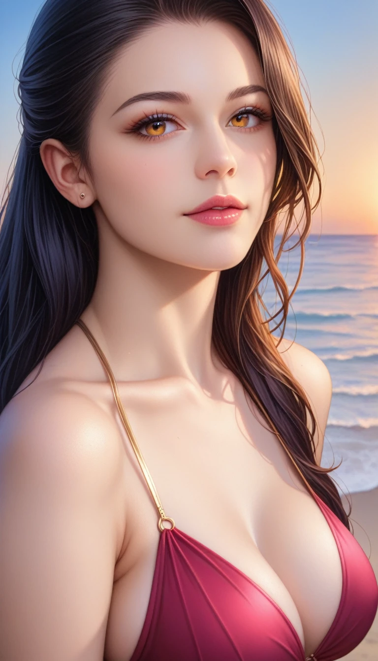 score_9, score_8_superior, score_7_superior,
A masterpiece in 32K resolution,Highest quality,Very detailed,Ultra-realistic,Realistic,Increased depth of field,Cinematic lighting,
Elegant Japanese actress,
Ultra-detailed and beautiful face,Black Hair,Long Hair,Gentle expression,Ultra-detailed skin,Translucent white skin,Realistic skin texture,Great proportions,
Elegant swimwear,
Seaside at sunset,Desolate sandy beach,
Cinematic,Low - Angle,