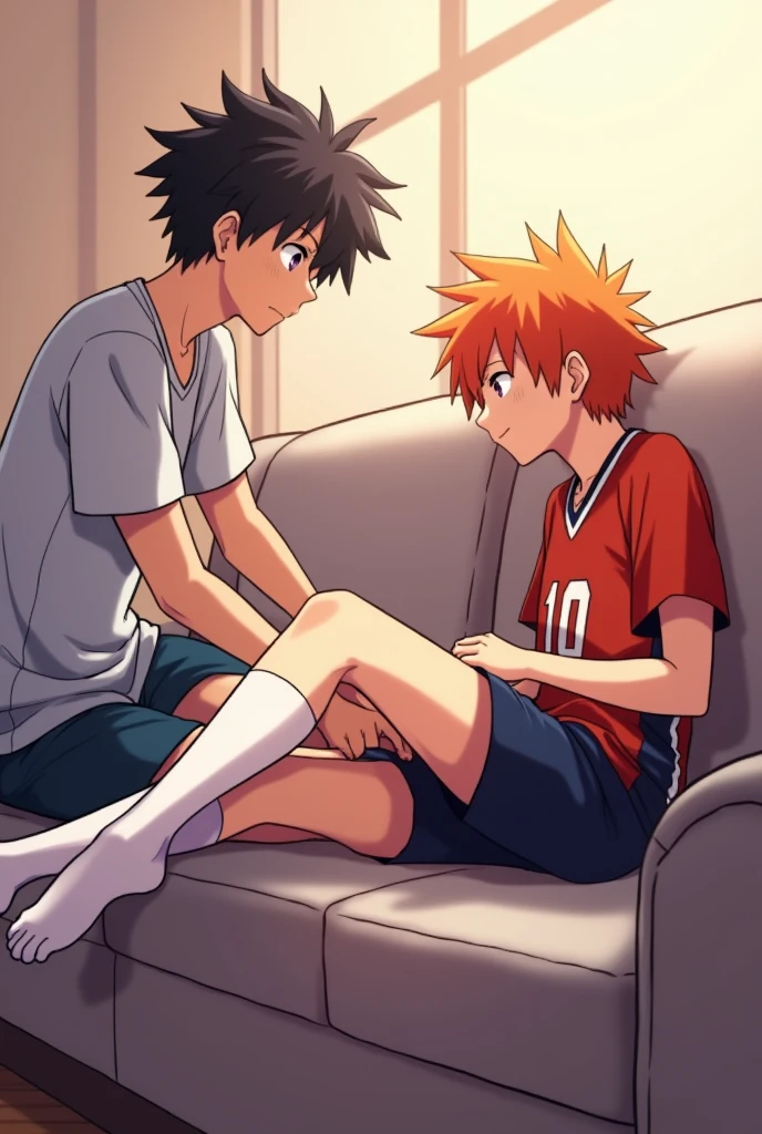 A side view of Kageyama from Haikyuu sitting at the end of a couch, with Shoyo Hinata lying stretched out on the couch, his feet resting on Kageyama's stomach. Kageyama is gently holding Hinata's ankles. Hinata is wearing his Karasuno High School volleyball uniform and white socks that reach his ankles. His eyes, a deep, hypnotic violet, like amethysts, suggest he is under a trance. His gaze is directed towards the ceiling, as if unaware of Kageyama's presence. His signature orange hair is slightly tousled. Kageyama, slightly older, gazes down at Hinata's feet with a knowing smile, as if sharing a secret. The scene is bathed in soft, warm light, creating a peaceful and intimate atmosphere.  The artwork should be in the style of the Haikyuu anime, with vibrant colors, dynamic lines, and expressive characters.