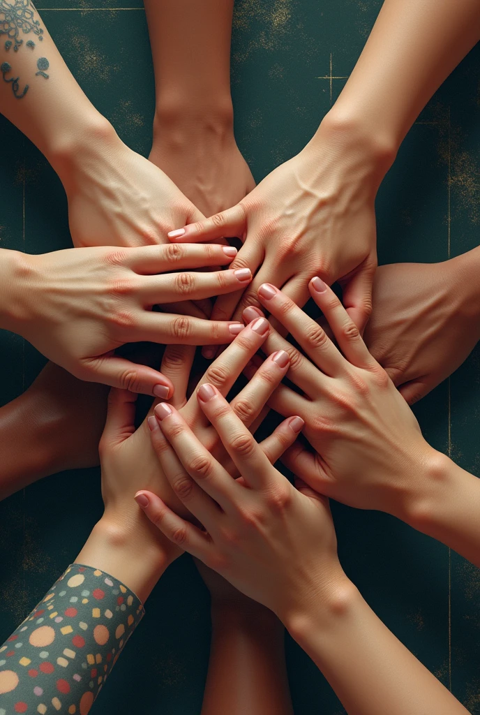 Close-up of several hands together working as a team with distorted background in horizontal format