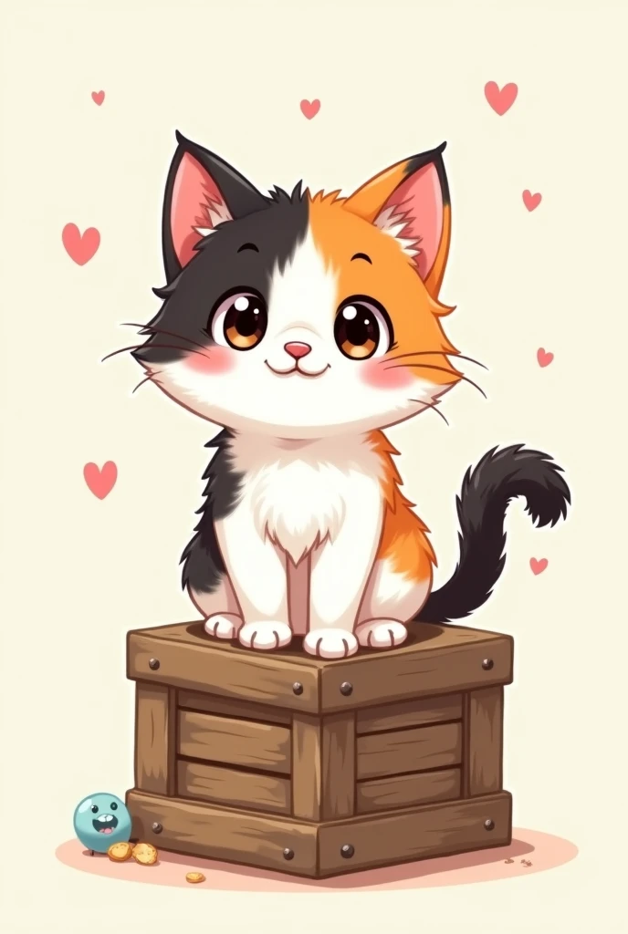 kitten cat, Brazilian trigrade. sitting on a little box. Kawaii drawing style