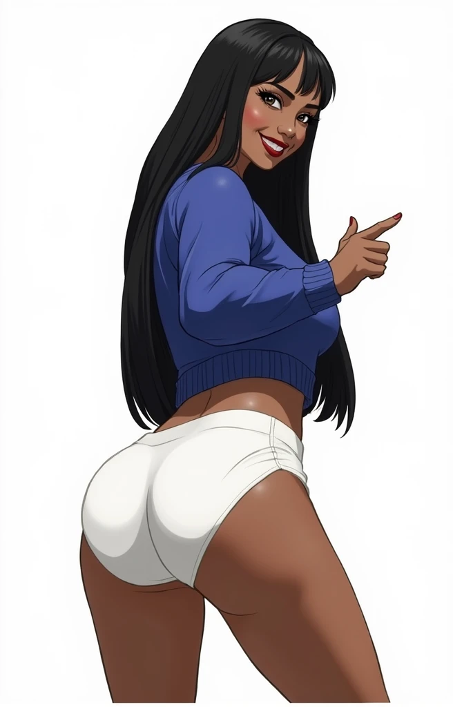(masterpiece, best quality)), ((((perfect anatomy)))), Heavyset black woman with long black hair, dark eyeshadow, dark red lipstick, blue sweater, (((big white cotton panties))), big booty, smiling, ((((anime art style))))