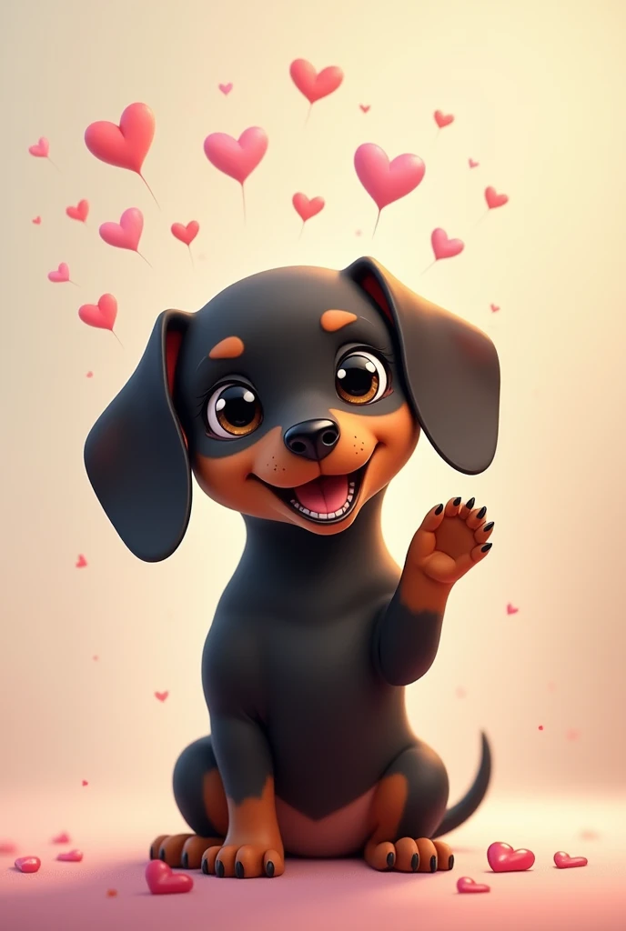 Little black dachshund waves his paw and sends hearts