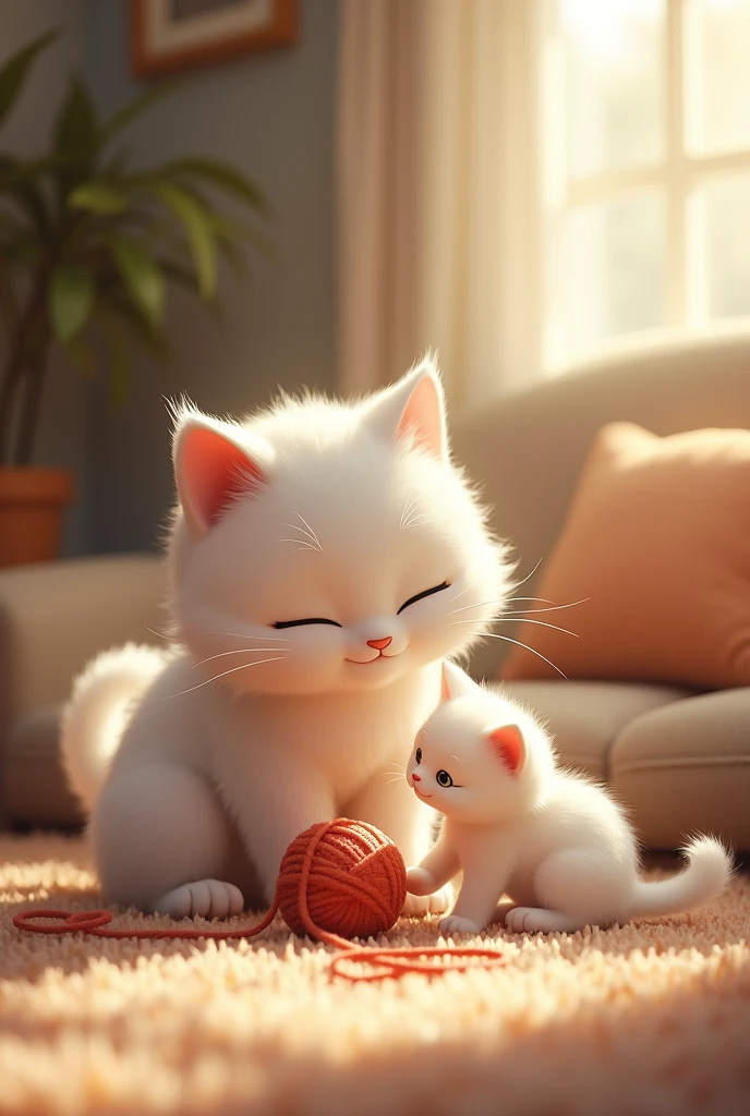 A fluffy white cat with a gentle expression is seen in a cozy living room, cuddling with her tiny kitten. The kitten is playful, batting at a ball of yarn, while the mother cat watches over it lovingly.