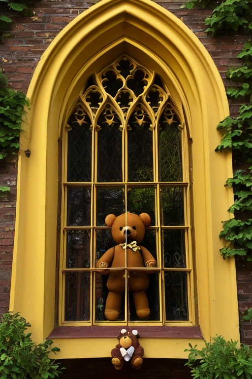 Gothic architecture、Yellow and brown atmosphere、exterior、Gothic、yellow、wood、teddy bear、building、The garden of the property is also included.、A teddy bear is looking out the window