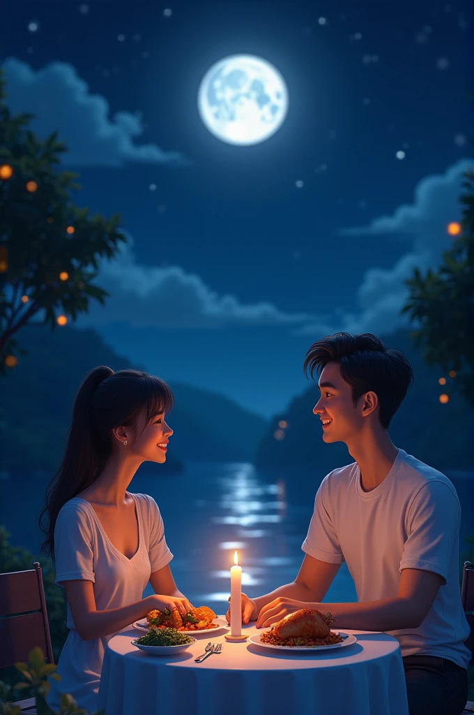 Candle night dinner with chicken meal and girl and boy sitting in night with moon and star