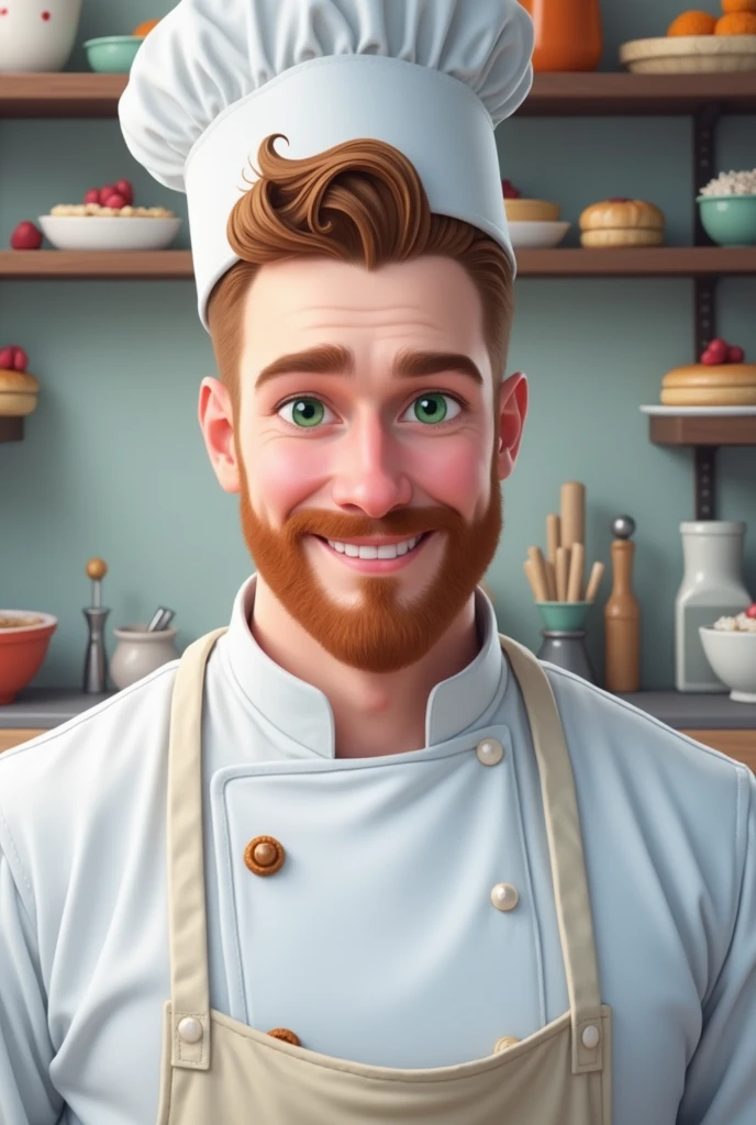 Create a Disney Pixar-inspired poster with the character being a dreamy pastry chef, a man with green eyes, light brown hair and a red beard
