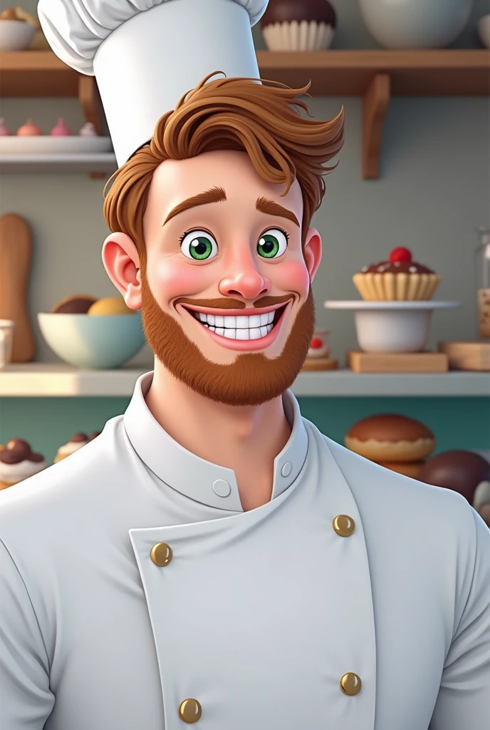Create a Disney Pixar-inspired poster with the character being a dreamy pastry chef, a man with green eyes, light brown hair and a red beard