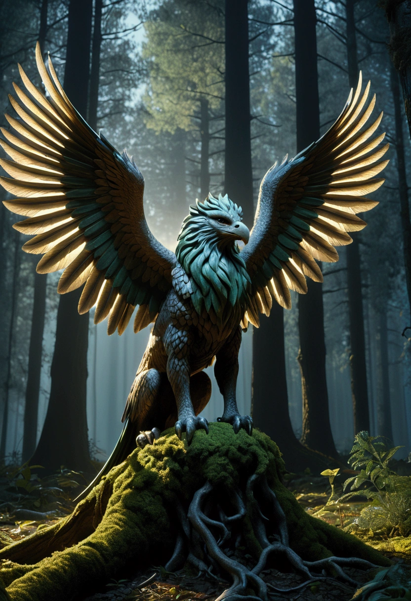 (Griffin), In a mysterious forest, the griffin is the guardian deity here, and its nest is hidden between the highest tree crowns. The colors are mainly forest green and griffin brown, and the light and shadow are mainly moonlight. The details are reflected in the texture of the trees and the sharp claws of the griffin. Beautiful cinematic lighting, surreal, color graded, dynamic movement, captivating chiaroscuro, full body, award-winning, cinematic still, emotional, vignette, dynamic, vivid, (masterpiece, best quality, photorealistic, Professional, perfect composition, very aesthetic, absurdres, ultra-detailed, intricate details:1.3)